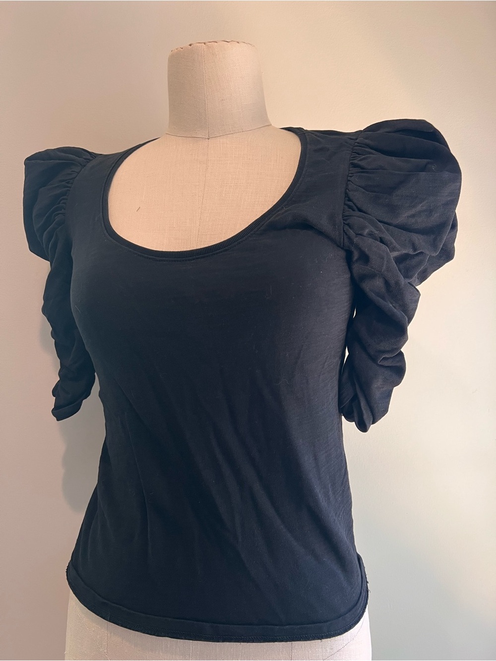 Nation LTD black short puff sleeve scoop neck slub cotton tee shirt Peru sz XS